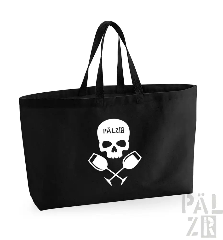 Schwarze Tragetasche mit Totenkopf- und gekreuzten Tassen-Design, weißer Text ’palzr’ auf der Vorderseite.