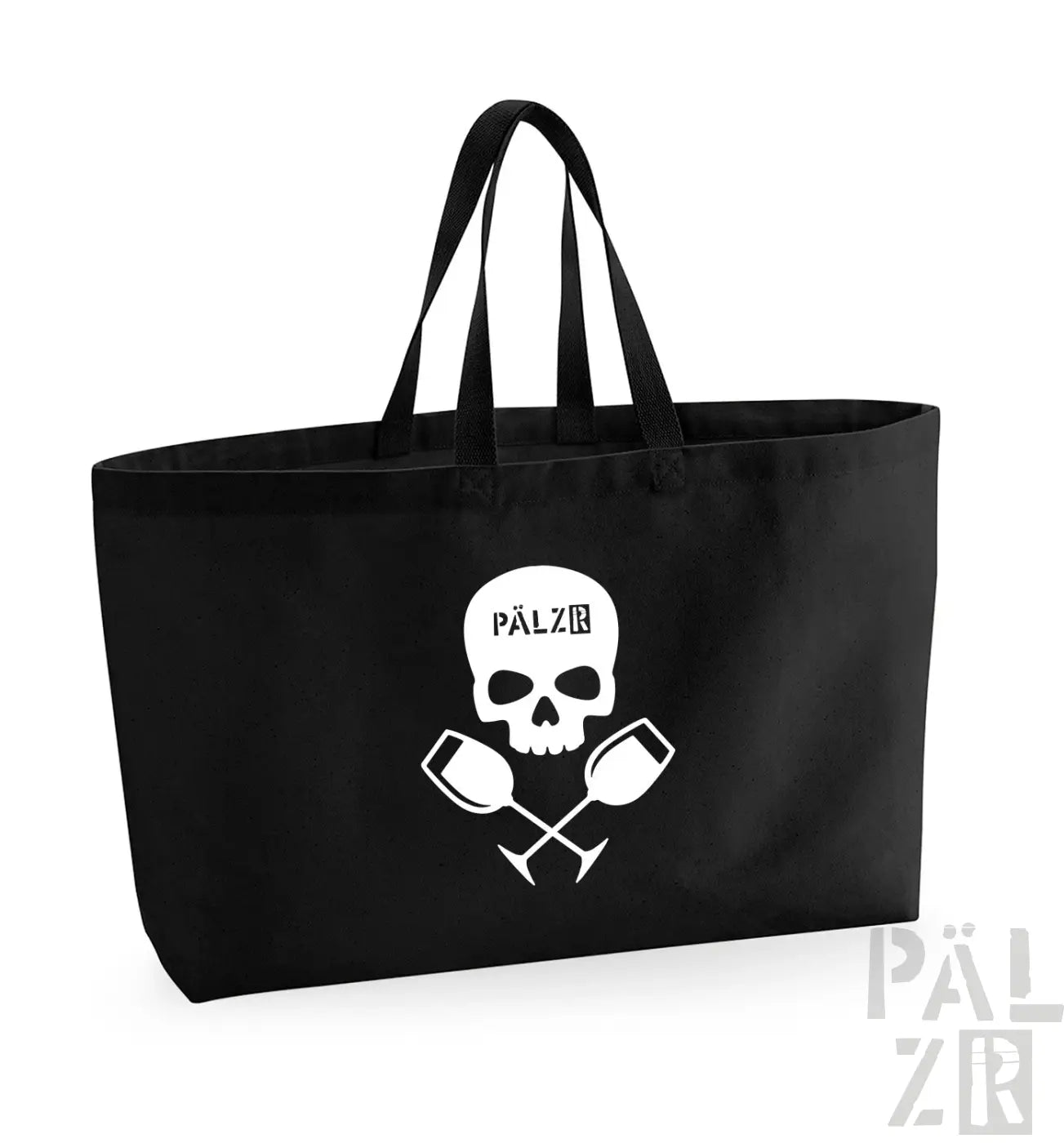 Schwarze Tragetasche mit Totenkopf- und gekreuzten Tassen-Design, weißer Text ’palzr’ auf der Vorderseite.
