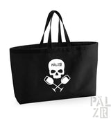 Schwarze Tragetasche mit Totenkopf- und gekreuzten Tassen-Design, weißer Text ’palzr’ auf der Vorderseite.