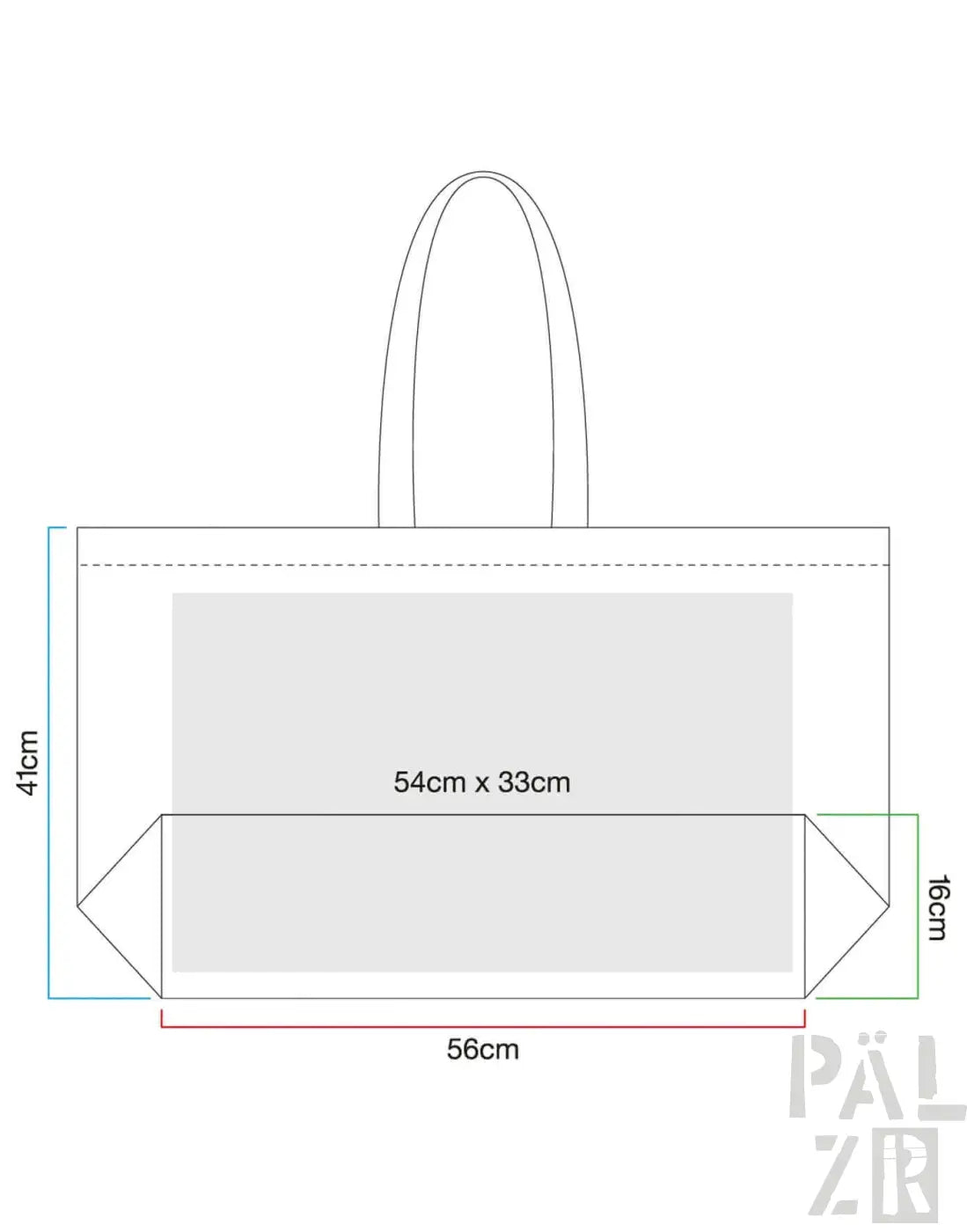 41 cm x 56 cm Tragetasche mit Henkel, weißem Hintergrund und grünem Rand.