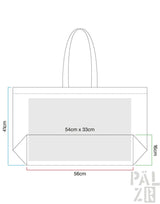 41 cm x 56 cm Tragetasche mit Henkel, weißem Hintergrund und grünem Rand.