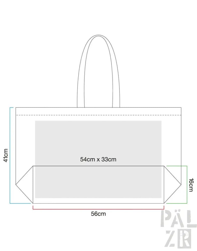 41 cm x 56 cm Tragetasche mit Henkel, weißem Hintergrund und grünem Rand.