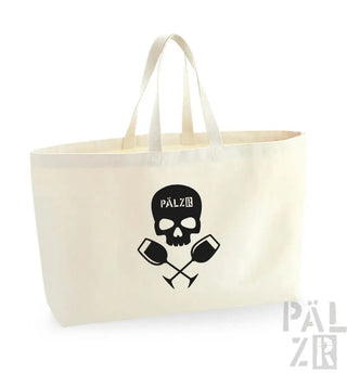 Cremefarbene Umhängetasche mit schwarzem Totenkopf- und Kreuzknochen-Design mit Weingläsern, ’palzr’-Logo auf der Vorderseite.