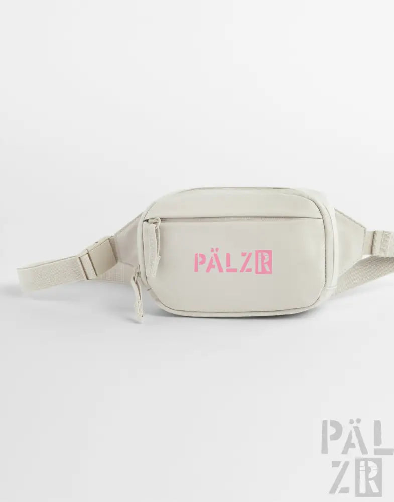 Beige pälzr studio waist bag with pink logo and zipper details in various colors