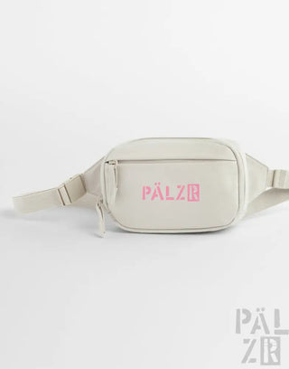 Beige pälzr studio waist bag with pink logo and zipper details in various colors