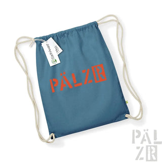 Blaue Rucksack mit Kordelzug, rotem ’pälzr’-Logo und weißen Schnüren.