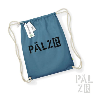 Blaue Rucksack mit Kordelzug und ’pälzr’-Logo und weißen Schnüren.