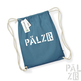 Blaue Rucksacktasche mit Kordelzug, „pälzr“-Logo und weißen Seilgriffen.
