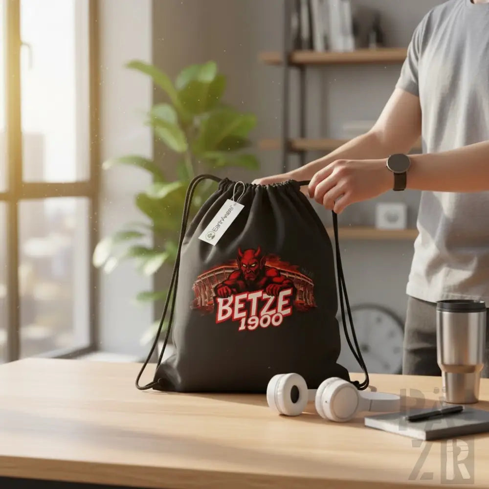 Schwarzer Kordelbeutel mit einem rot-weißen Grafikmotiv eines Teufels und dem Text ’betze 1900’