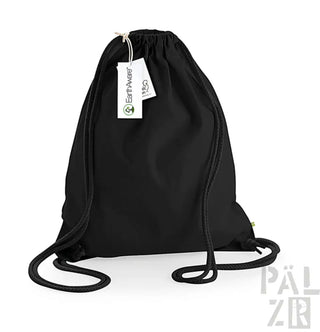 Schwarzer Rucksack mit Kordelzug, einfachem, minimalistischen Design und strapazierfähigem Stoff.