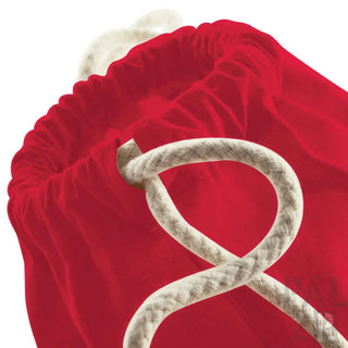 Weißer Seilknoten auf roter Beutel mit Kordelzug