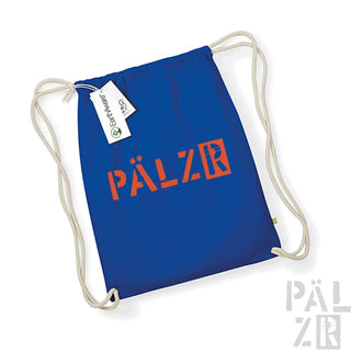 Königsblauer Rucksack mit Kordelzug, orangefarbenem ‚pälzr‘-Logo und weißen Seilgriffen, gebrandet von esparanza.