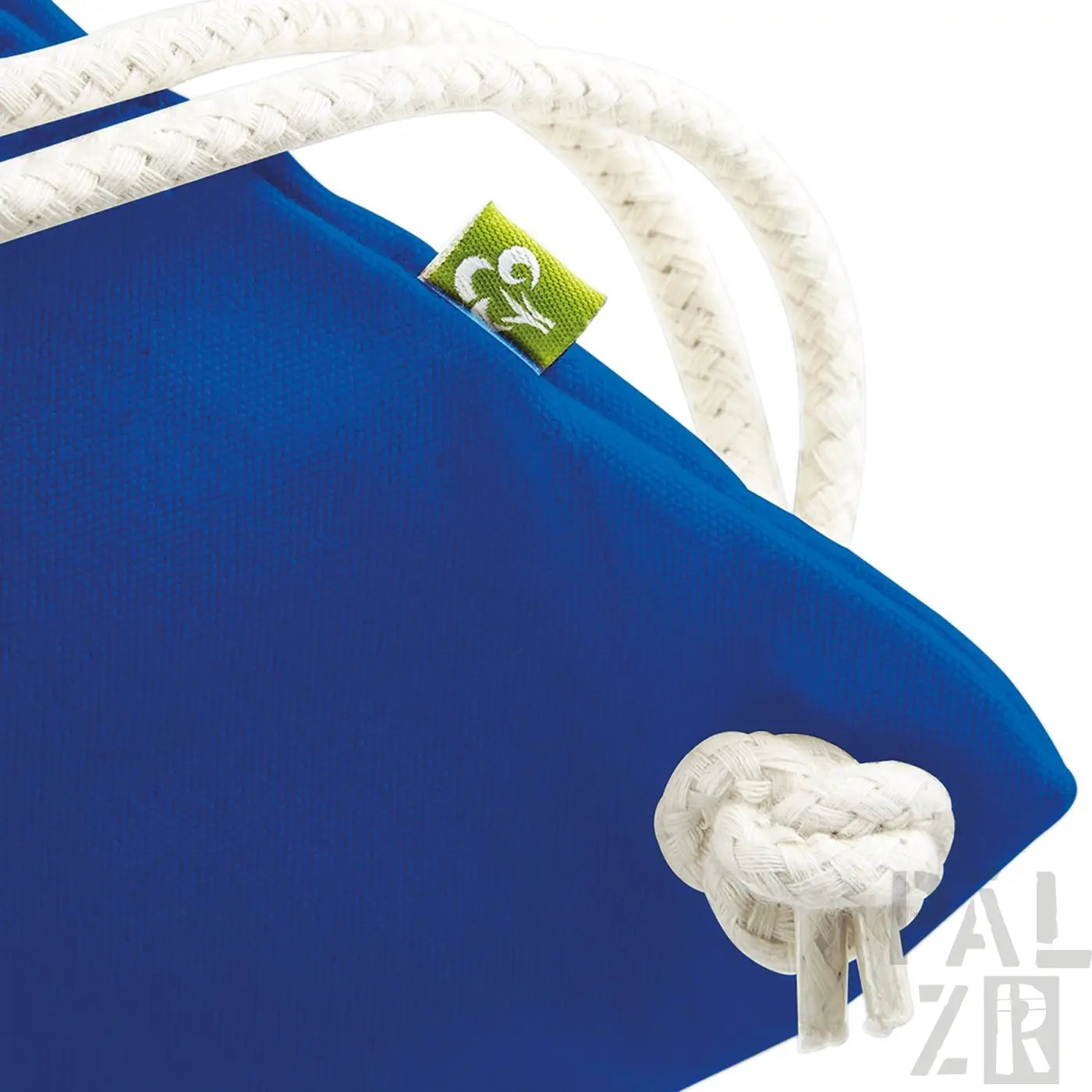 Königsblaue und weiße Seil-Tasche mit grünem Logo.