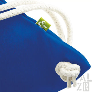 Königsblaue und weiße Seil-Tasche mit grünem Logo.