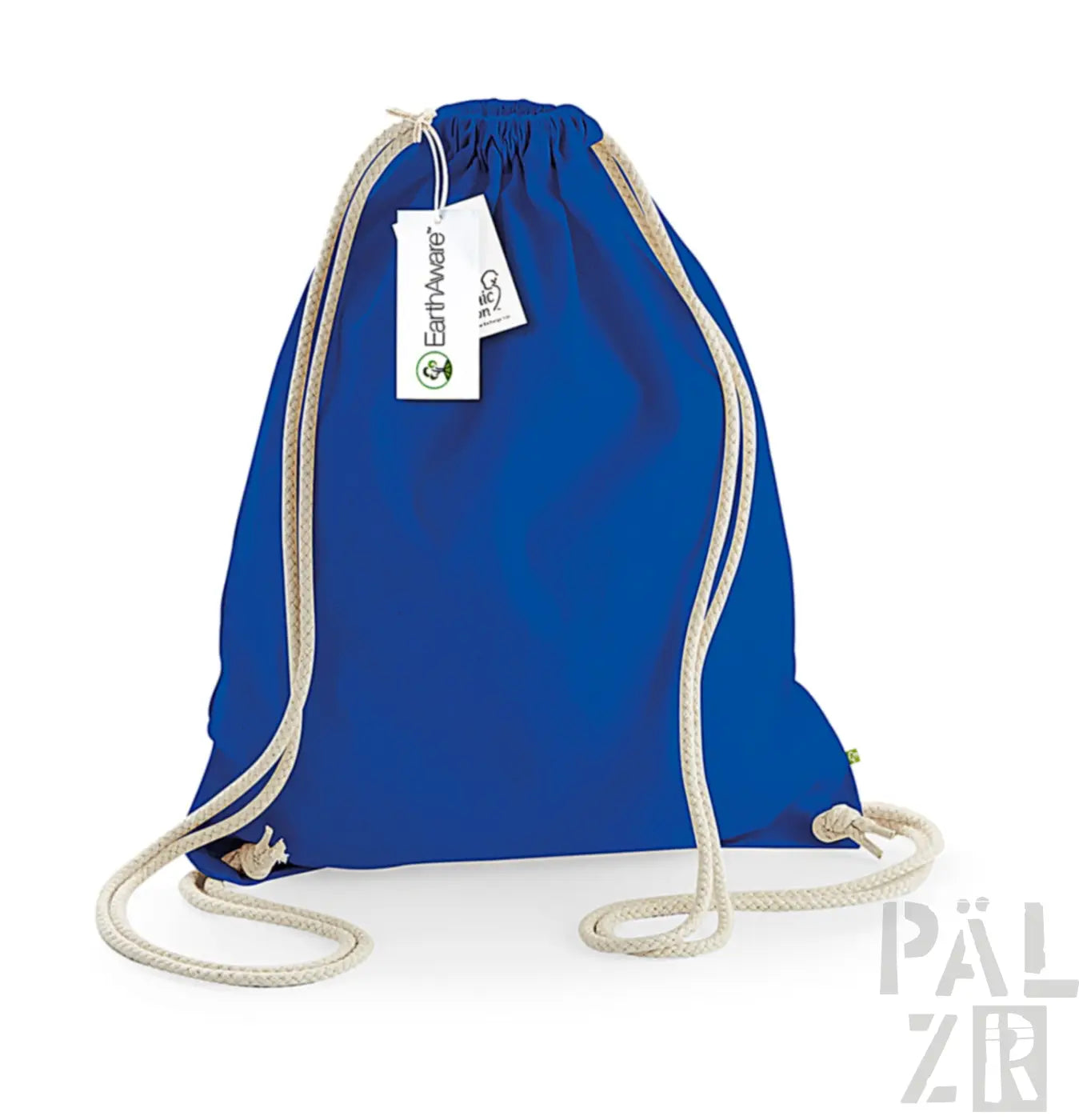 Königsblauer Rucksack mit Kordelzug, weißen Seilgriffen und einem kleinen Etikett.