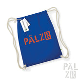 Königsblauer Rucksack mit Kordelzug, orangefarbenem ‚pälzr‘-Logo und weißen Seilgriffen, gebrandet von esparanza.