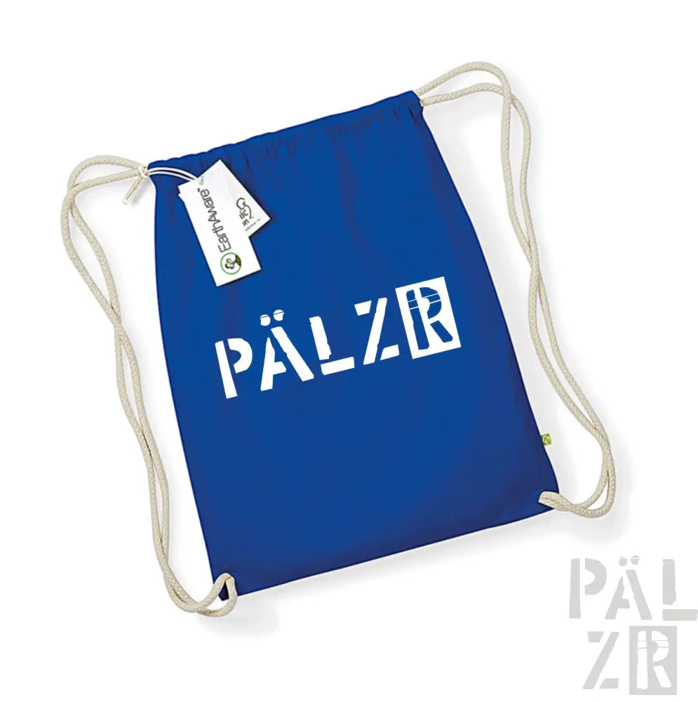 Königsblaue Rucksack mit Kordelzug, weißem ‚pälzr‘-Logo und Markenlabel.