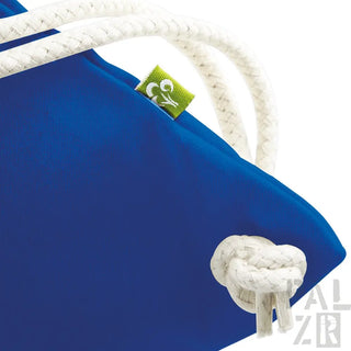 Königsblaue und weiße Seiltasche mit grünem Logo.