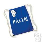 Königsblaue Rucksack mit Kordelzug, weißem ‚pälzr‘-Logo und Markenlabel.