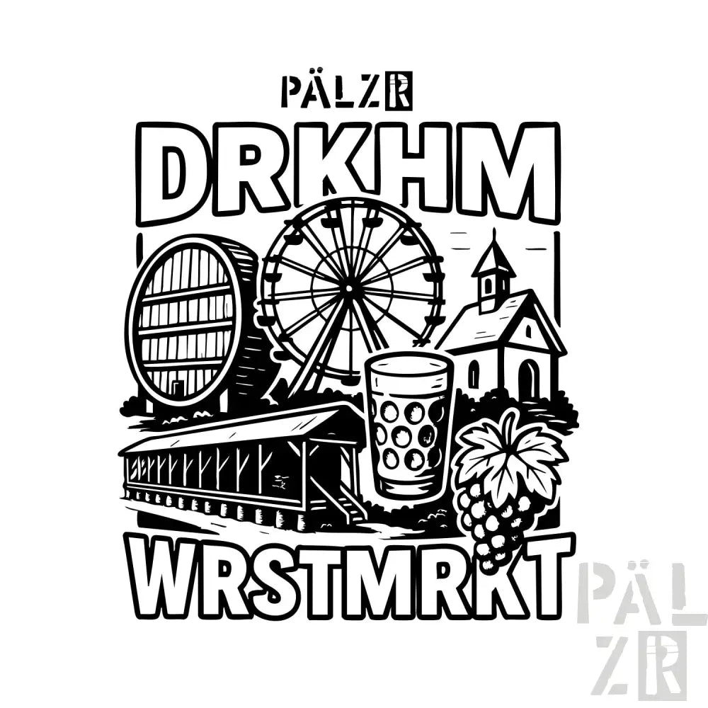 Schwarz-weißes Riesenrad-Design auf einem T-Shirt.