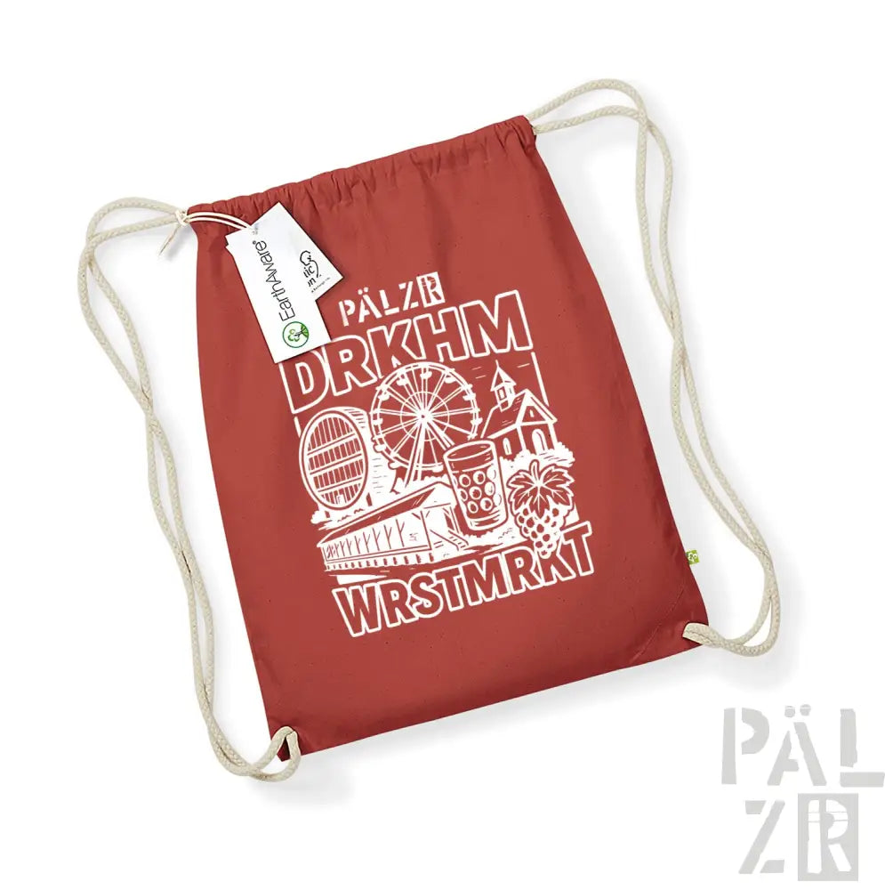 Roter Rucksack mit Kordelzug und weißem Grafikdesign mit Elementen eines Vergnügungsparks und Text.