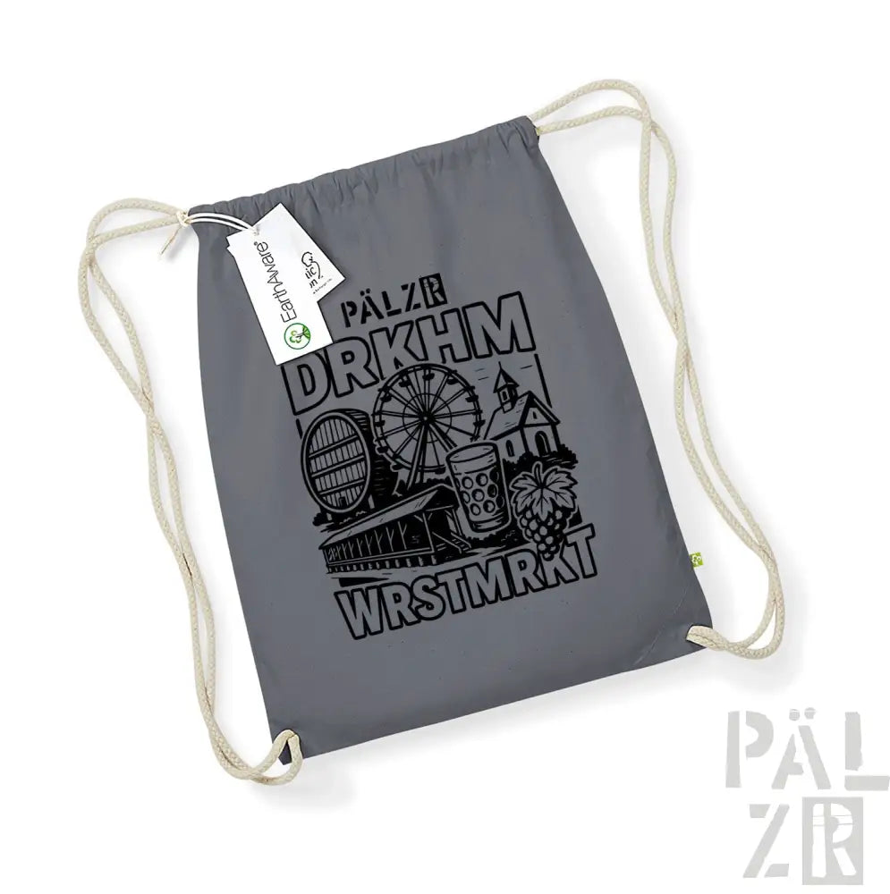 Grauer Rucksack mit Kordelzug und schwarzem Grafikdesign mit Riesenrad, Bierkrug und Hopfen.