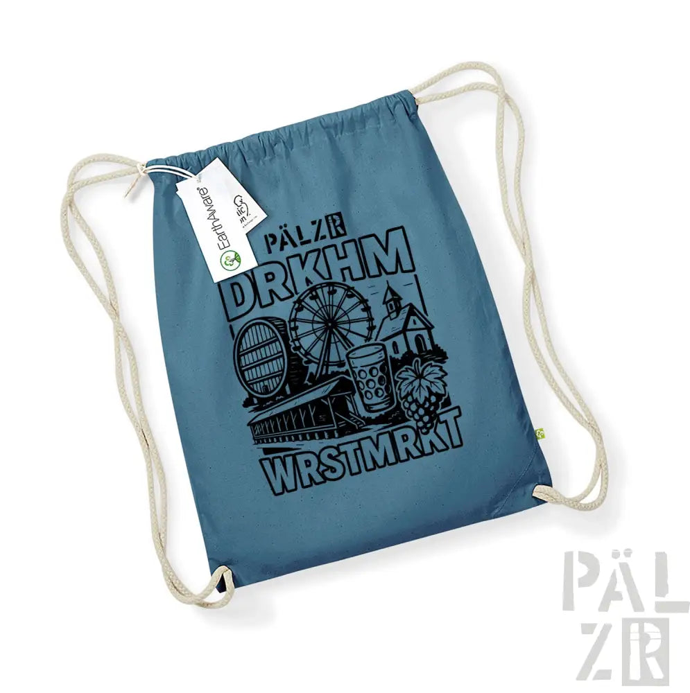 Blauer Rucksack mit Kordelzug und Grafikdesign mit Bierhalle, Riesenrad und Hopfen.