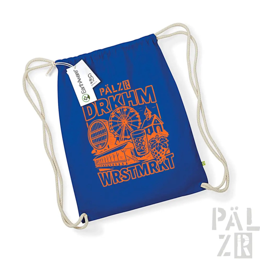 Königsblauer Rucksack mit Kordelzug und orange-weißem Design, das ein Riesenrad, eine Schloss-Silhouette, eine Hopfenkonus und den Text ’pälzr drkhm wrstmrt’ von esparanza zeigt.