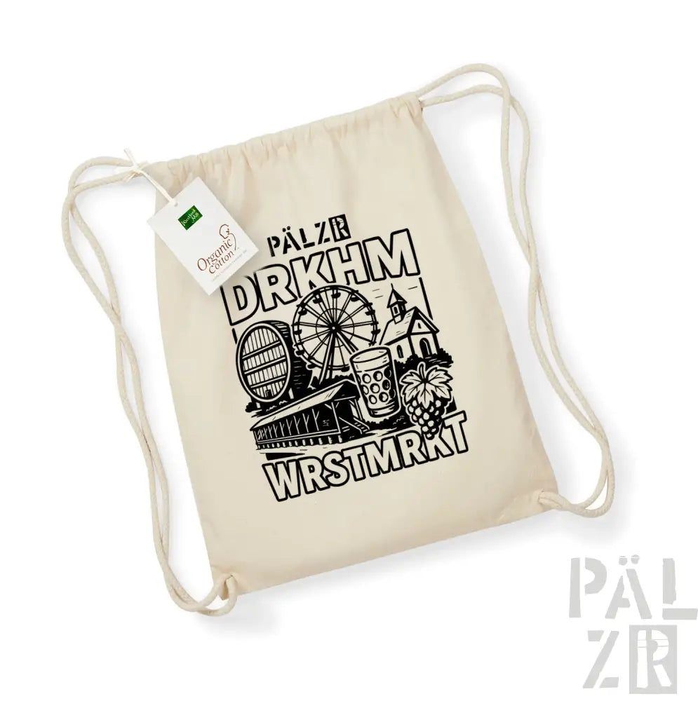 Rucksack aus Bio-Baumwolle mit Kordelzug und schwarzem Grafikdesign mit bierbezogenen Illustrationen und Text.