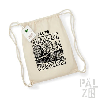 Rucksack aus Bio-Baumwolle mit Kordelzug und schwarzem Grafikdesign mit bierbezogenen Illustrationen und Text.