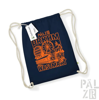 Marineblaue Rucksack mit Kordelzug und orange-weißen Design mit Riesenrad, Bierkrug, Hopfenkegel, Haus-Silhouette und Text „pälzr drkhm wrstmrt“ auf der Vorderseite.