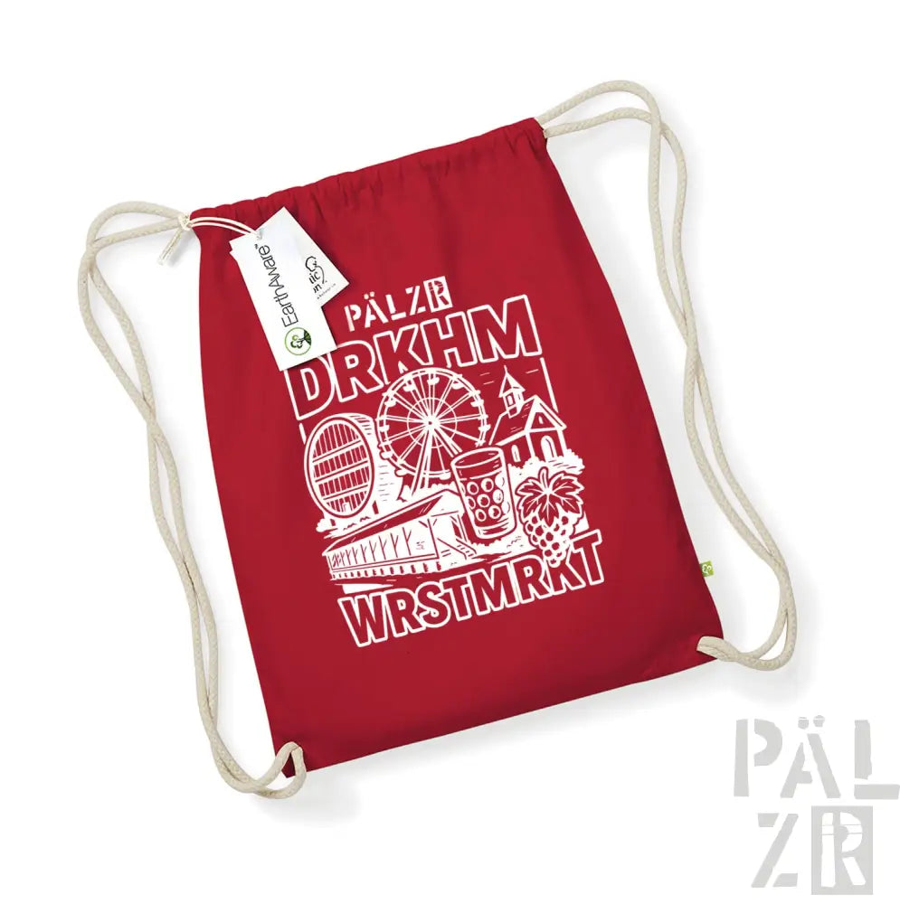 Roter Rucksack mit Kordelzug, weißem Design und Text, mit bierbezogenen Illustrationen.