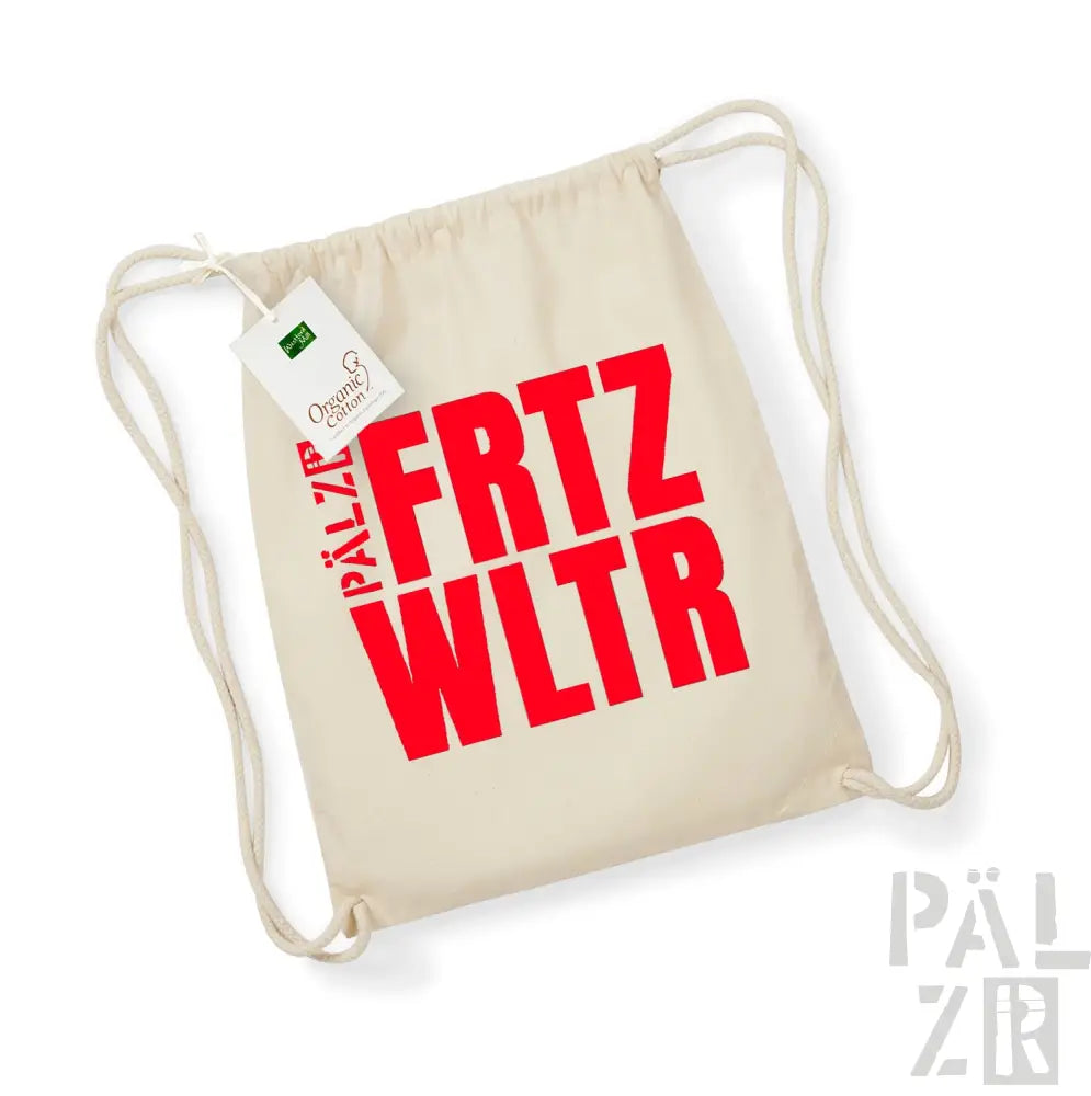 Canvas-Rucksack mit Kordelzug und rotem Text ’frtz wltr’ sowie grünem Etikett.