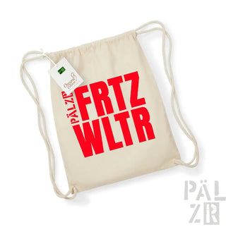Canvas-Rucksack mit Kordelzug und rotem Text ’frtz wltr’ sowie grünem Etikett.