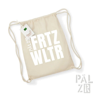 Natürliche Baumwoll-Rucksack mit Kordelzug und ’frtz wltr’ Textdesign.