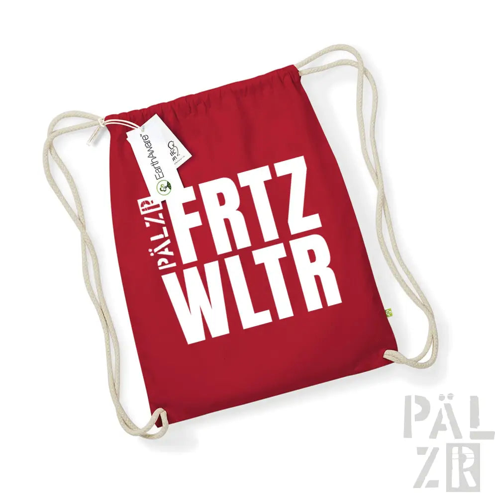 Roter Rucksack mit Kordelzug, weißem Text und Logo, aus Baumwoll-Leinen.