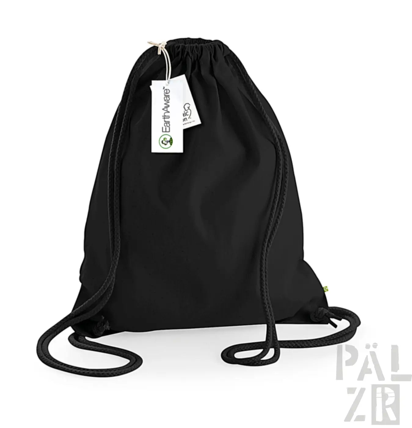 Schwarzer Rucksack mit Kordelzug, weißen Etiketten und Logo.