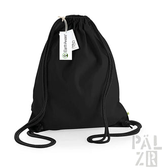 Schwarzer Rucksack mit Kordelzug, weißen Etiketten und Logo.