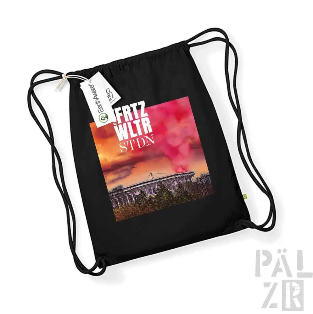 Schwarzer Rucksack mit Kordelzug und Grafikdesign, das ein Stadion und den Text ’frtz wltr stdn’ von esparanza zeigt.