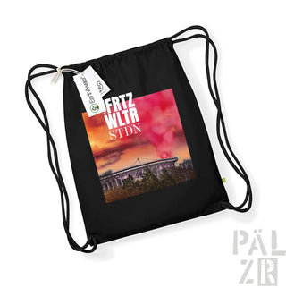 Schwarzer Rucksack mit Kordelzug und Grafikdesign, das ein Stadion und den Text ’frtz wltr stdn’ von esparanza zeigt.