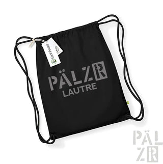Schwarzer Rucksack mit Kordelzug und Logo ’pälzr lautre’ sowie umweltfreundlicher Markierung.