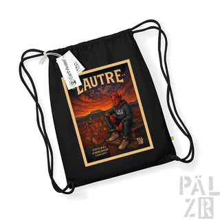 Schwarzer Rucksack mit Kordelzug und ’lautre’ Grafikdesign, das eine Person in Rot- und Orangetönen auf feurigem Hintergrund zeigt.