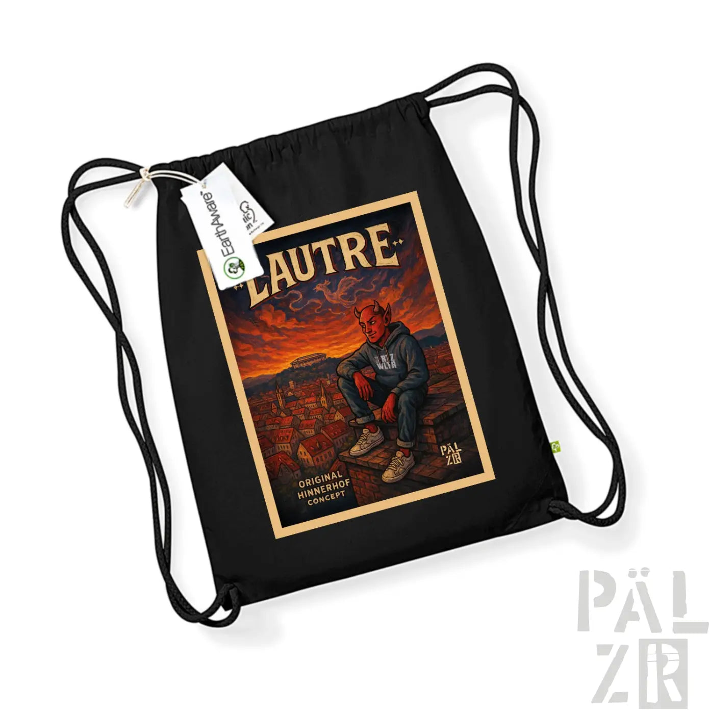 Schwarzer Rucksack mit Kordelzug und ’lautre’ Grafikdesign, das eine Person in Rot- und Orangetönen auf feurigem Hintergrund zeigt.