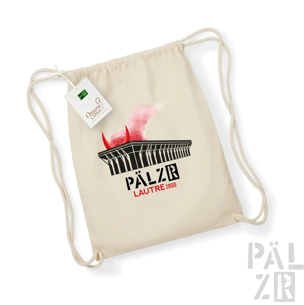 Canvas-Rucksack mit Kordelzug und schwarz-roter Grafikgestaltung mit Silhouette eines Stadions.