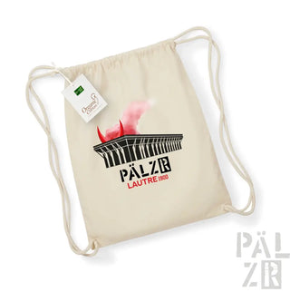 Canvas-Rucksack mit Kordelzug und schwarz-roter Grafikgestaltung mit Silhouette eines Stadions.