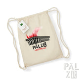 Canvas-Rucksack mit Kordelzug und schwarz-roter Grafikgestaltung mit Silhouette eines Stadions.