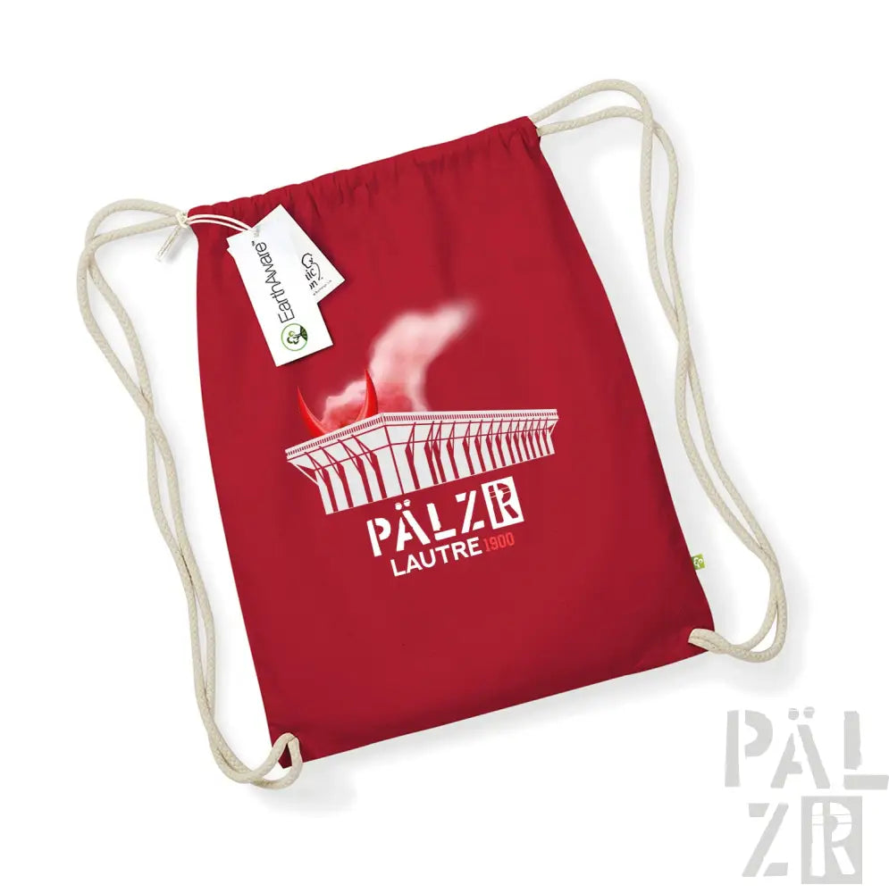 Roter Rucksack mit Kordelzug, weißem Logo und Design, aus Polyester-Material.