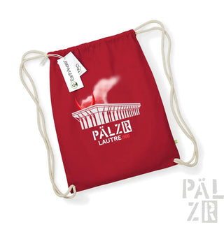 Roter Rucksack mit Kordelzug, weißem Logo und Design, aus Polyester-Material.