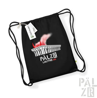 Schwarzer Rucksack mit Kordelzug, Flammen-Design und ’pälzr’-Branding.