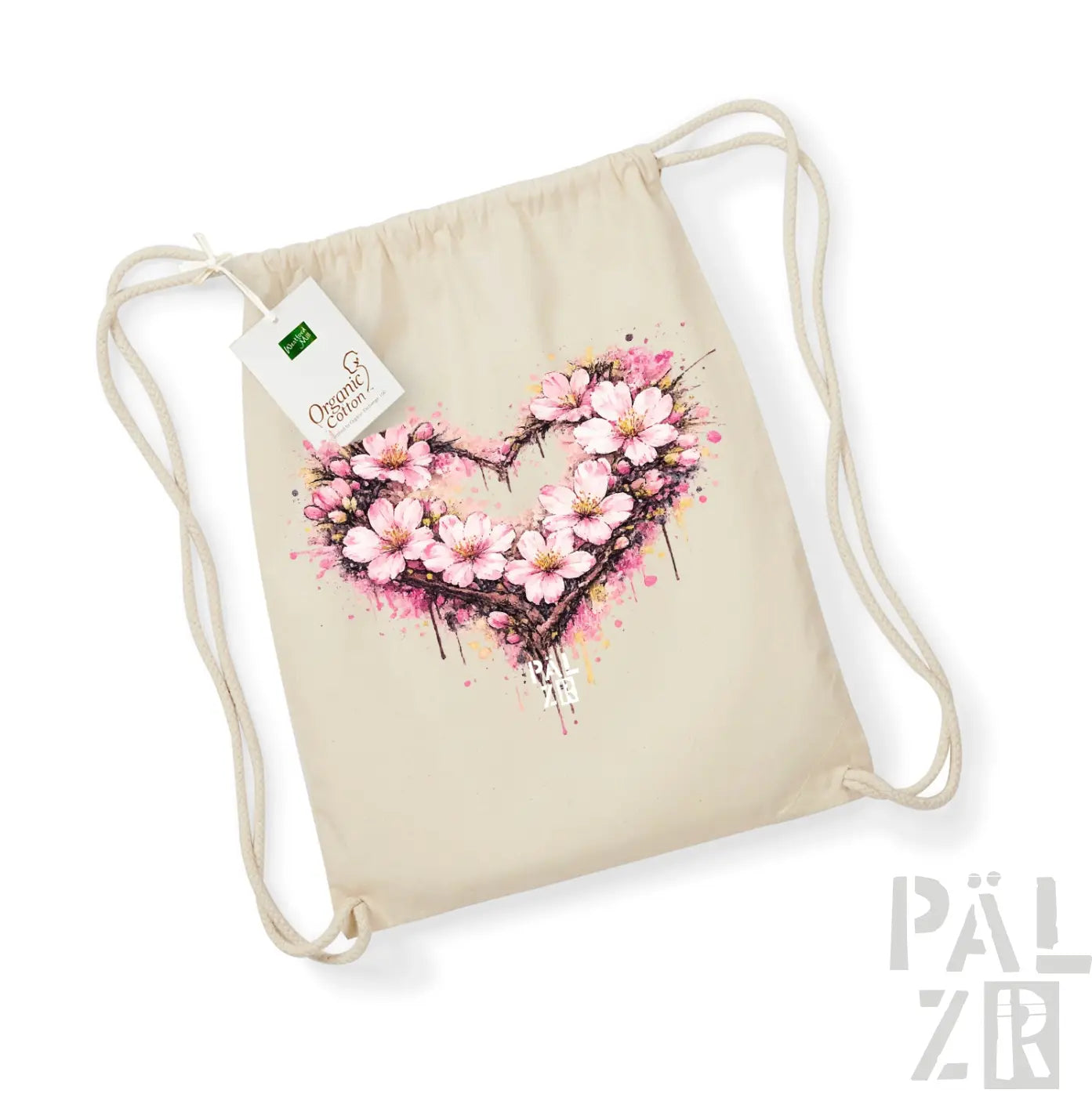 Beige Beutel aus Bio-Baumwolle mit Kordelzug, mit einem lebendigen pinken Kirschblüten-Herz-Design und Spritzereffekten.